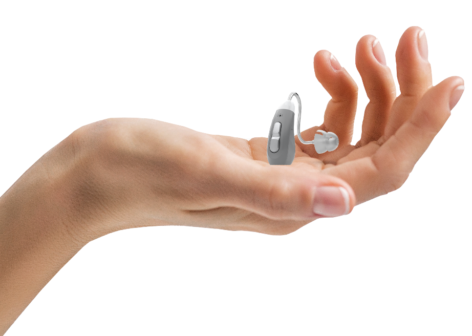 Hand holding one Go Ultra over the counter hearing aid.